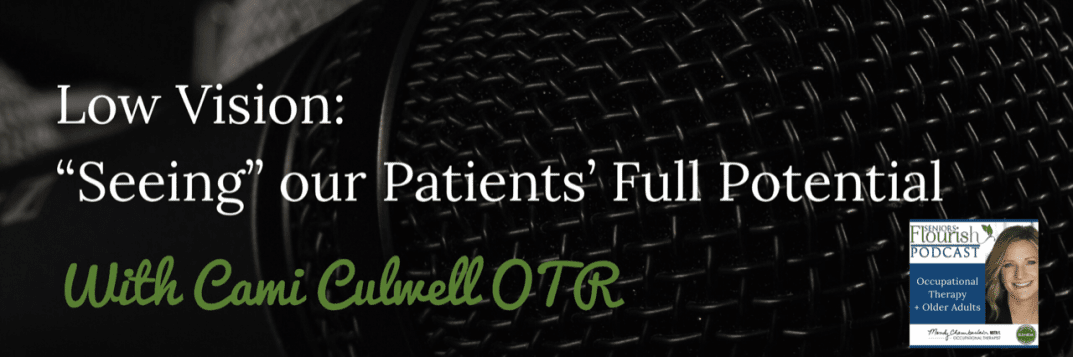 Check out some great OT suggestions, treatment ideas and ways to screen your patients with low vision and help them succeed! #OT #occupationaltherapy #OTpodcast | SeniorsFlourish.com #OT #occupationaltherapy #SNFOT