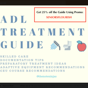 ADL Treatment Guide is broken down by type of ADL (dressing, toileting, self-feeding, etc). Then under each category they list skills required and preparatory treatment ideas, so you can improve your skilled treatment and documentation with ADL's.